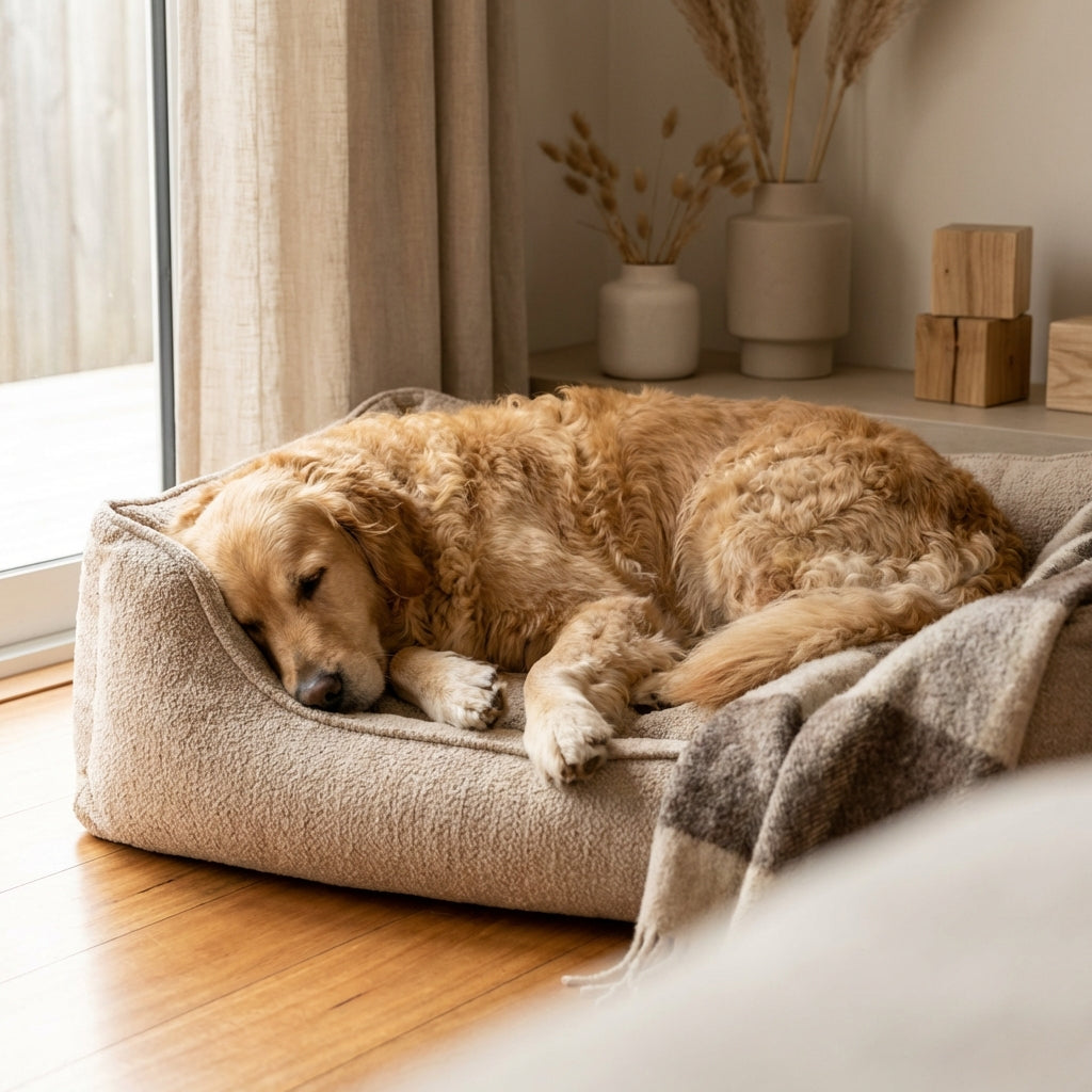 Chien golden retriever endormi paisiblement dans son panier la nuit