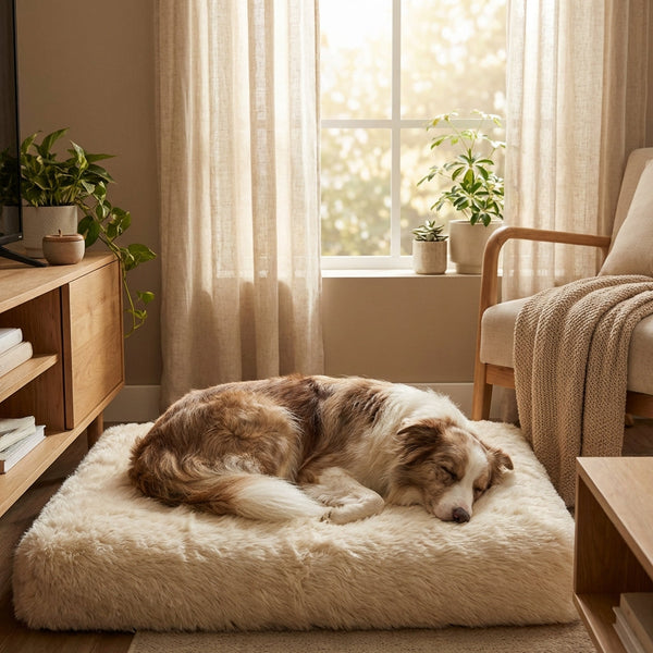 Chien détendu dans un salon calme et lumineux, environnement apaisant