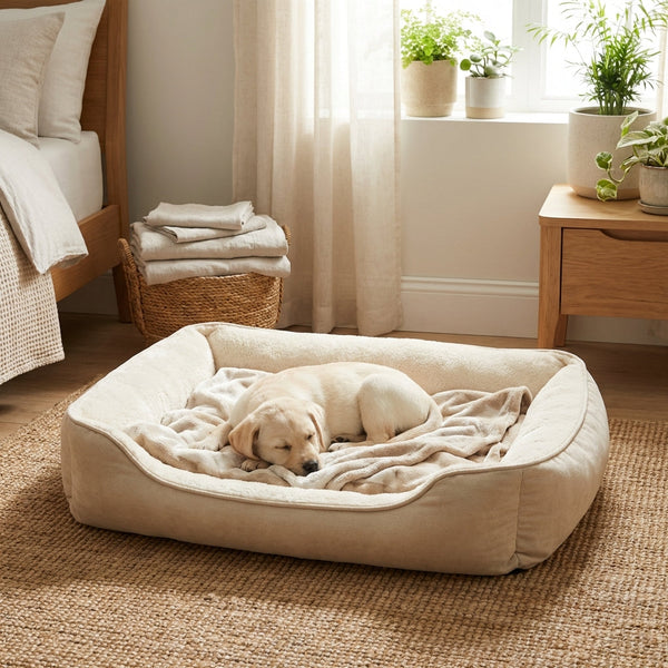Chiot labrador endormi dans son couchage à côté du lit de son maître
